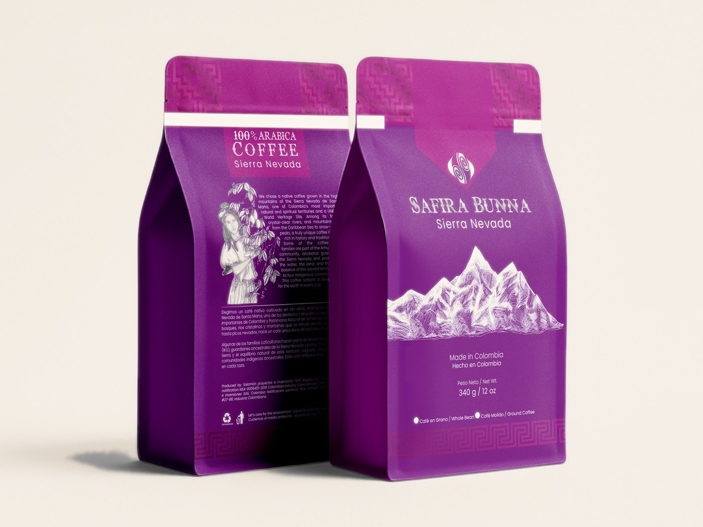 Safira Bunna Sierra Nevada Café Nativo, frente y respaldo de la bolsa de 340 g